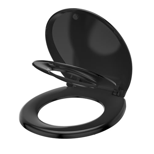 JINGZE Round Toddler Toilet Seat Adult/Child,Built-In Potty Training Seat, Soft Quiet Close Non-Slip Seat,Magnetic Kids Seat and Cover,Black