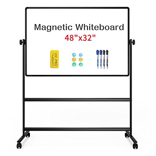 VIZ-PRO Double-Sided Magnetic Mobile Whiteboard, 48 x 32 Inches, Height Adjustable Rolling Dry Erase Board Black with 4 Markers, 6 Magnets, 1 Eraser and 2 Hooks