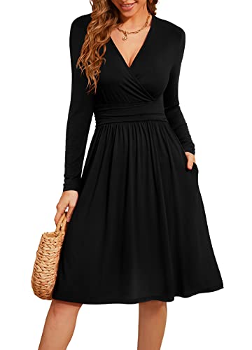 WEACZZY Womens Dresses Long Sleeve Casual Fall Dress V-Neck Formal Dress with Pockets, Floral Lily, XX-Large