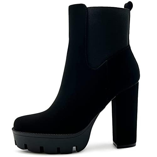 Ollio Women's Shoes Faux Nubuck Platform Stacked High Heels Ankle Boots H107 (6 B(M) US, Black-NB)