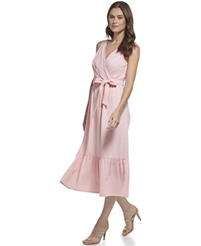 DKNY Women's Ruffle Hem Self Tie Belt V Neck Dress, Cream/Pink, 2