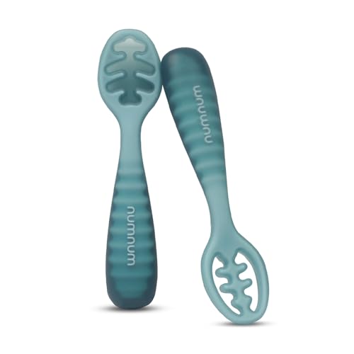 NumNum Baby Spoons Set, Pre-Spoon GOOtensils for Kids Aged 6+ Months - First Stage, Baby Led Weaning (BLW) Spoon - Self Feeding, Silicone Toddler Food Utensils - 4 Spoons, Neutral Colors