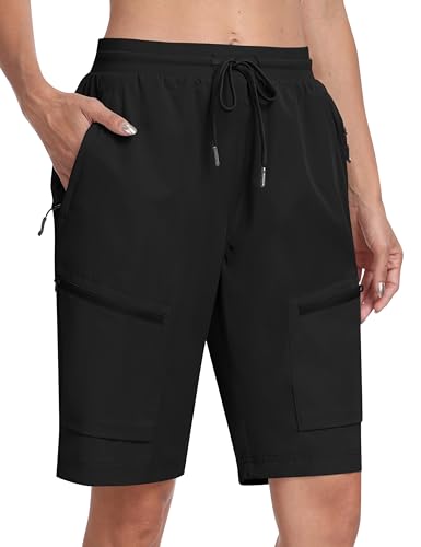 MoFiz Hiking Shorts Womens Quick Dry Lightweight Long Hiking Shorts for Women Knee Length for Camping Travel Golf with Zipper Pockets Black Small