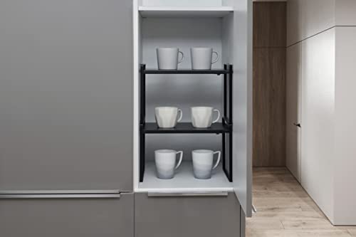 Nxconsu Expandable Cabinet Shelf Organizer Riser for Kitchen Pantry Cupboard Under Sink Countertop Home Storage Organization Rack Space Saver Freestanding Heavy Duty Nonslip Stackable Black