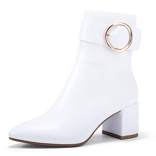 IDIFU Women Dressy Chunky Heel Ankle Boots Pointed Toe Metal Ring Zipper Short Booties -Need Half Size UP (Black Pu, 7)