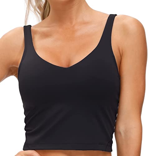 Women’s Longline Sports Bra Wirefree Padded Medium Support Yoga Bras Gym Running Workout Tank Tops (Black, Medium)