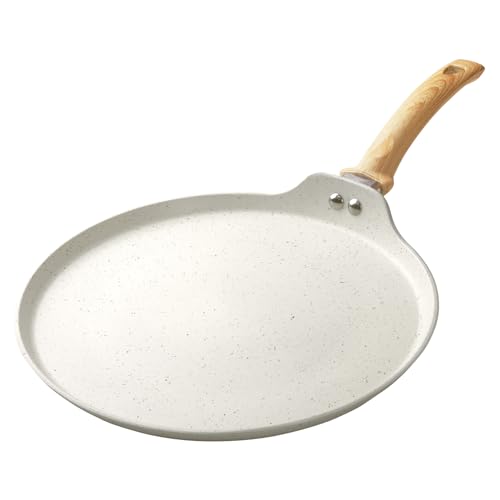 Innerwell Nonstick Crepe Pan, Granite Coating Flat Skillet Dosa Tawa Tortilla Pan, 10 inch White Pancake Griddle Roti Pan With Stay-Cool Handle, Induction Compatible, PFOA Free