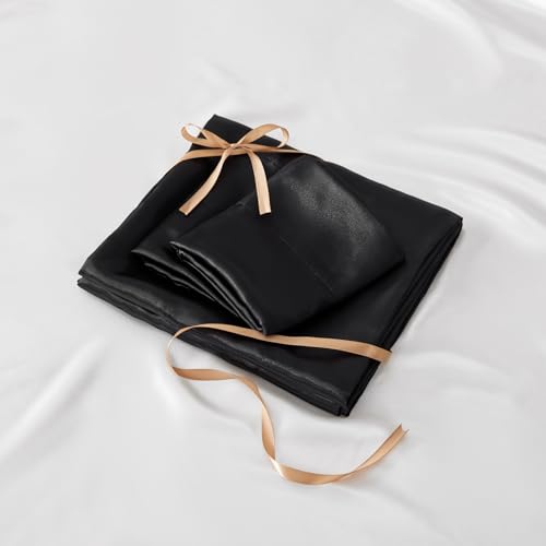 BEDELITE Satin Fitted Sheet and Pillowcase Set, Luxury Soft Similar to Silk Bottom Bed Sheet with Elastic Corner Straps, Deep Pocket up to 15 Inch, 1 Fitted Sheet and 1 Pillowcase(Twin, Black)