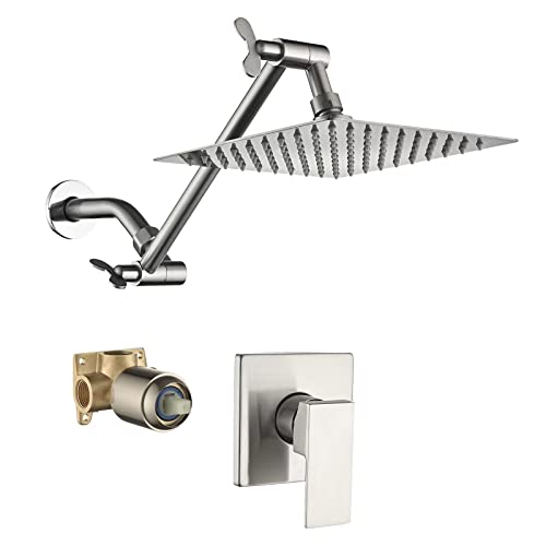 Shower Faucet Set Complete Shower System with 8 Inch Rain Shower Head, Bathroom Rainfall Shower Fixture Combo Set with Adjustable Extension Shower Arm, Rough-in Valve (Brushed Nickel)