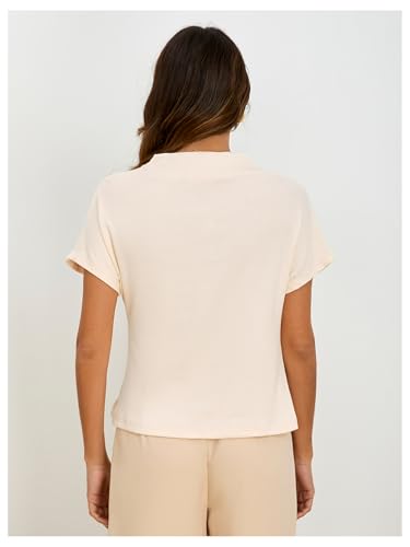 SweatyRocks Women's Casual Short Sleeve Mock Neck Tee Top Asymmetric Ruched Plain T Shirt Beige S