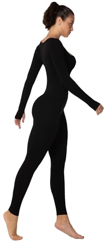 Sunzel Long Sleeve Bodysuits One Piece Jumpsuit for Women with Square Neck and Butt Scrunch Leggings Seamless Ribeed Rompers (28" Inseam, Small, Black)