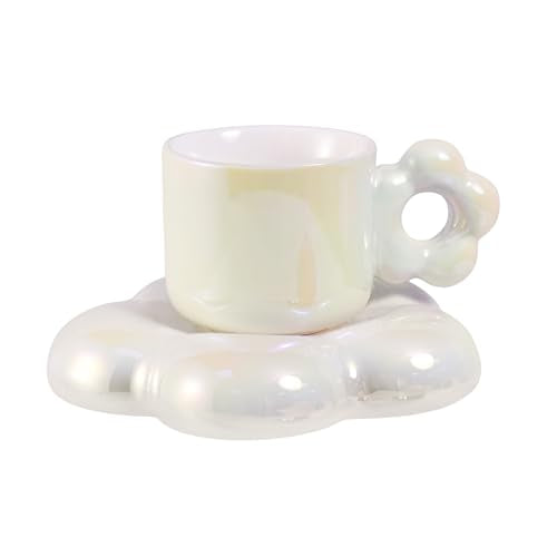 Koythin Ceramic Coffee Mug with Saucer Set, Creative Cute Cup with Flower Saucer, Novelty Cups with Flower Handle for Office and Home, 6.5oz Aesthetic Mugs for Tea Latte Milk (Pearl White)