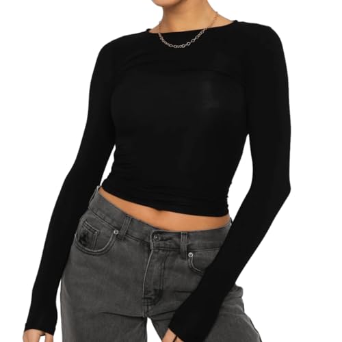 Womens Sexy Basic T Shirts Tops, Long Sleeve Crewneck Slim Fit Going Out Tight Trendy Tees Crop Top Blouses. Black