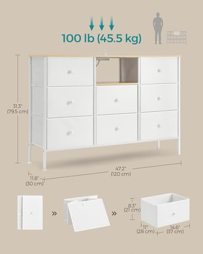 SONGMICS Dresser with Power Outlets and LED Lights, Fabric Chest of Drawers, 25 Colors, 8 Drawers, TV Stand for up to 60 Inch TVs, 11.8 x 47.2 x 31.3 Inches, Cloud White and Oak Beige ULTS518W01