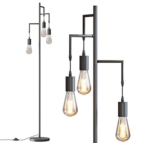 SUNMORY Dimmable Floor Lamp, 68 Inch Tall Floor Lamps for Living Room, Standing Lamp with 3 x 6w LED Edison Bulbs, Tree Lamp, Farmhouse Industrial Floor Lamp for Bedroom, Office, Home Decor, Black