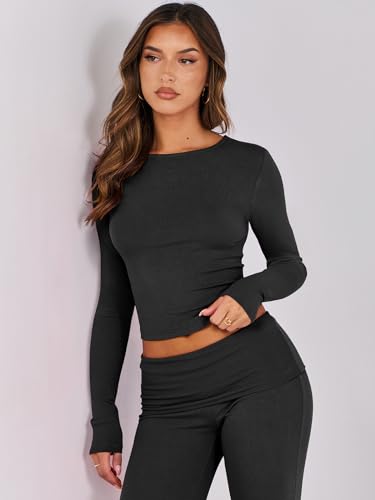 ANRABESS Women 2 Piece Outfits Lightweight Lounge Sets Long Sleeve Cropped Top Fold-over Flare Pants Pajamas Set Y2K Clothes Black X-Small