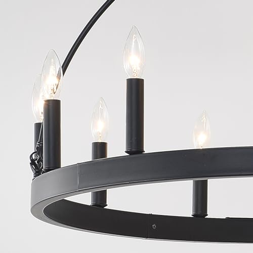 HHR Black and Gold Wagon Wheel Chandelier 12-Light 32 Inch, Extra Large Round Rustic Candle Pendant Light Fixture for High Ceilings, Dining Room Living Room Farmhouse Foyer Entryway
