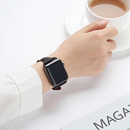 WFEAGL Leather Bands Compatible with Apple Watch Band 38mm 40mm 41mm Women, Top Grain Leather Strap Slim and Thin Replacement Wristband for iWatch SE SE2 Series 9 8 7 6 5 4 3 2 1 (Brown/Gold)