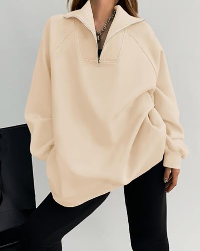 ZESICA Women's Half Zip Oversized Sweatshirts 2024 Long Sleeve Quarter Zipper Fleece Y2K Pullover Hoodies Tops,Apricot,Small