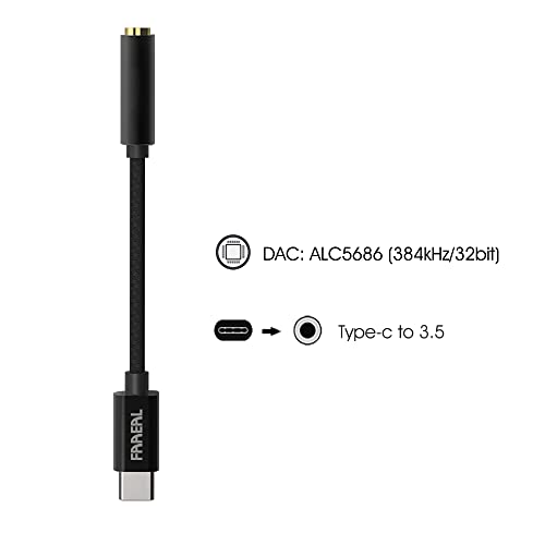 FAAEAL Type-C to 3.5mm DAC Cable Decoding Headphone Converter Gold-Plated Female Seat Earphone Amplifier Braided/Silver-Plated Wire Audio Adapter for Win10 Android Tablet PC Earphones (Black)