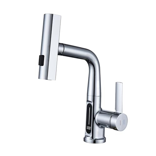 Pirooso Bathroom Faucet with LED Temperature Display, Liftable Bathroom Faucet with Pull Down Sprayer, Waterfall Rainfall Faucet for Bathroom Sink, Single Handle Faucet for Bathroom and Kitchen Chrome