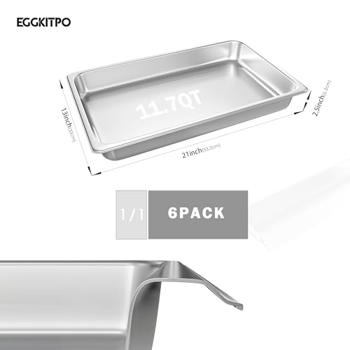 EGGKITPO Full Size Steam Table Pans 6-Pack 2.5 Inch Restaurant Stainless Steel Pan Commercial Catering Food Pan for Commercial Kitchen Supplies