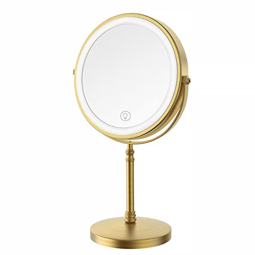 Lighted Makeup Mirror, 8" Rechargeable Double Sided Magnifying Mirror with 3 Colors, 1x/10x 360° Rotation Touch Screen Vanity Mirror, Brightness Adjustable Magnification Cosmetic Light up Mirror