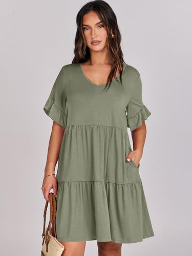 ANRABESS Women's 2024 Summer Trendy V Neck Ruffle Short Sleeve A Line Tiered Flowy Casual Mini Beach Dress with Pockets Deep Green Medium