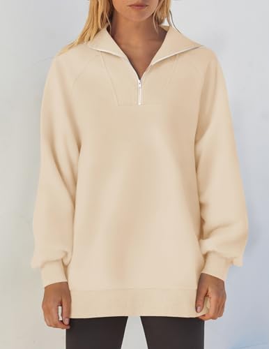 ZESICA Women's Half Zip Oversized Sweatshirts 2024 Long Sleeve Quarter Zipper Fleece Y2K Pullover Hoodies Tops,Apricot,Small