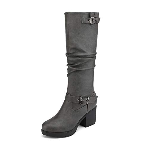 DREAM PAIRS Women's Black Chunky Heel Knee High Boots Side Zipper Round Toe Boots with Faux Fur Lining,Size 10,Grey,CHAI-1