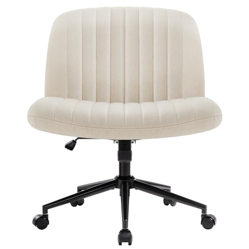 IWMH Armless Wide Seat Office Chair, Criss Cross Legged Desk Chair with Wheels, Height Adjustable Computer Task Chair,Wide Seat Swivel Vanity Chair for Home,Office,Bedroom, Make Up, Small Space,Beige