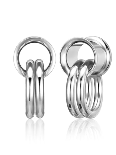 PiercingJ 1 Pair Ear Guages with Rings Ear Weight Plugs Tunnels Hypoallergenic Ear Expander Stretchers 316 Stainless Steel Hoop Earrings Piercing Body Jewelry 00g 10mm