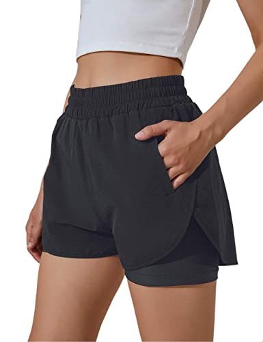 BMJL Women's Running Shorts Elastic Waistband High Waisted Shorts Pockets Sporty Workout Shorts Gym Athletic Shorts Pant(S,Black359)