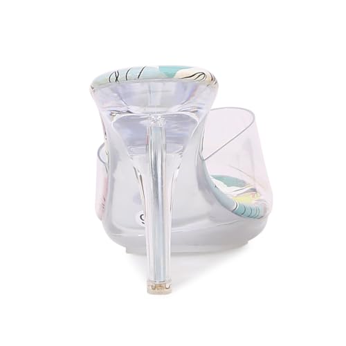 MAIERNISI JESSI Clear Heels for Women Sandals Transparent Sexy Stilletos Heels Slip on Wedding Dress Heel Mules Pattern Print Blue 36 - US 6