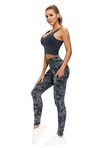 THE GYM PEOPLE Thick High Waist Yoga Pants with Pockets, Tummy Control Workout Running Yoga Leggings for Women (Small, Gray-Marble)