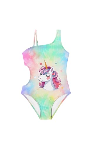 Arshiner Girls Swimsuit Cutout One Piece Swimsuits One Shoulder Bathing Suit Cute Swimwear Colorful Unicorn for 7-8 Years