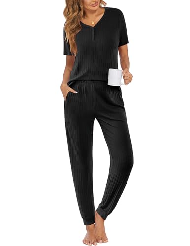 Ekouaer Pajama Sets for Womens Rib Knit Lounge Set Jogger Pants Short Sleeve Sleepwear 2 Piece Outfits Set with Pockets Black