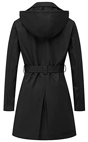 Chrisuno Trench Coats for Women Women's Windproof Waterproof Long Coat Classic Double Breasted Lapel Belt with Removable Hood Black Velvet Lined S