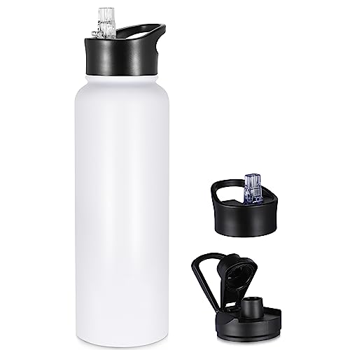 VQRRCKI 40 oz Insulated Water Bottle with Straw, Stainless Steel Sports Water Bottles with 2 Lids (Straw and Wide Mouth lid), Double Wall Vacuum, Leakproof, BPA-Free, White