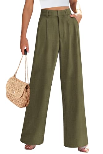 PRETTYGARDEN Women's Summer Work Pants Elastic High Waisted Straight Leg Business Casual Dressy Trousers Slacks with Pockets (Army Green,Small)