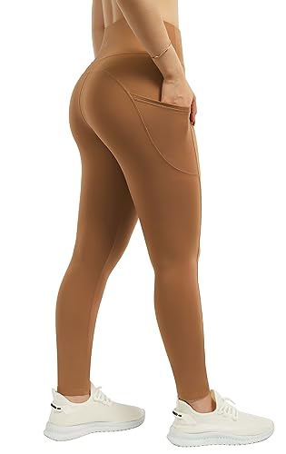 PERSIT Softness Stretchy Workout Leggings - High Waisted Yoga Pants for Women with Pockets Brownish Red