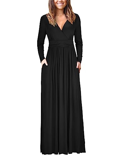 OUGES Womens Fall Long Sleeve V-Neck Wrap Waist Maxi Dress 2023(Orange,M)