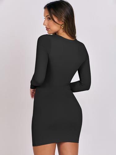 ANRABESS Women Long Sleeve Square Neck Sexy Bodycon Tight Cocktail Party Club Night Formal Short Dress 2024 Going Out Outfits Black X-Small