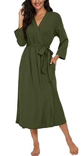 VINTATRE Women Kimono Robes Long Knit Bathrobe Lightweight Soft Knit Sleepwear V-neck Casual Ladies Loungewear Dark Green-Medium
