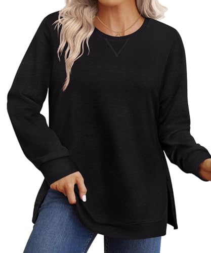 TIYOMI Women Plus Size Tops Long Sleeved 1X Round Neck Sweatshirt Fall Clothes Blouse Sweaters for Curvy Women Oversized Crewneck Sweatshirt Fall Autumn Winter Shirt Black XL