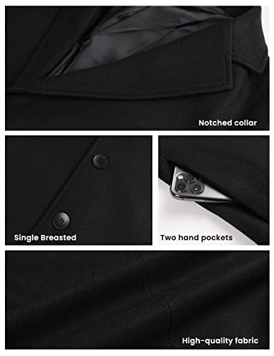 Tanming Mens Black Trench Coat Notched Lapel Single Breasted Long Peacoat Overcoat (Black-XS)