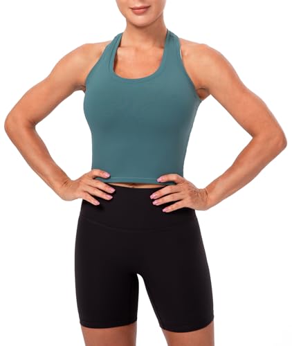 Lavento Women's Racerback Crop Tank Workout Running Yoga Tops (Serenity Blue, X-Large)