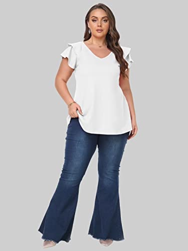 LARACE Summer T-Shirts for Women Short Ruff Sleeve Shirts Plus Size V Neck Blouses Tops Oversize Tee(Medium,R-Fushia)