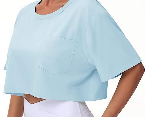 THE GYM PEOPLE Women's Workout Crop Tops Short Sleeve Boxy Oversized T-Shirts with Pockets Light Blue