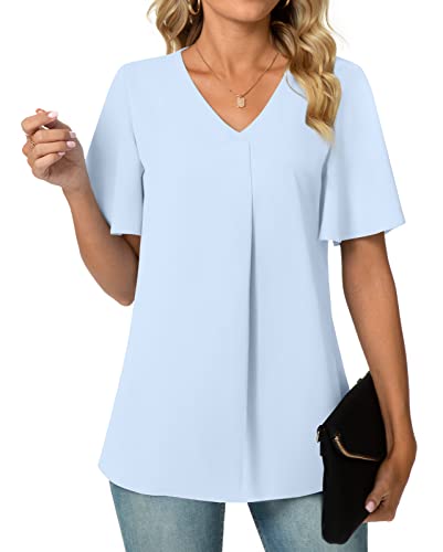 Bestbee Womens Flowy Short Sleeve Dressy Chiffon Blouses V Neck Tops Tee Cute 2024 Summer Shirts Casual T-Shirts, Light Blue, M